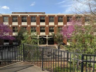 Chemistry Building in Spring with redbud trees